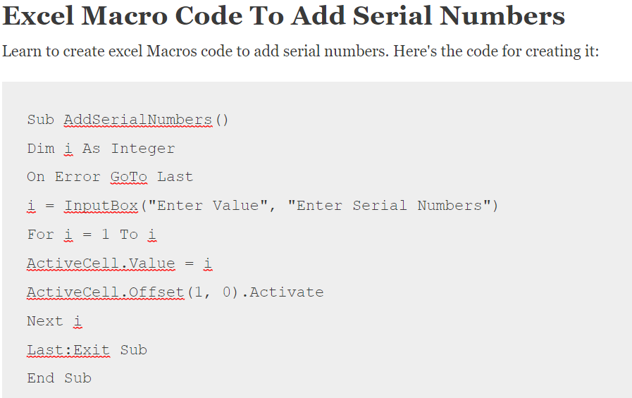 Excel Macro to Add Serial Number in Excel Sheet