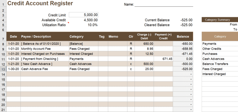 Monitor Credit Limit With Bank Overdraft Register Format in Excel