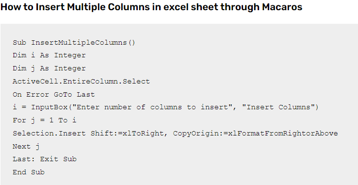 Excel Macros code to Insert Multiple columns