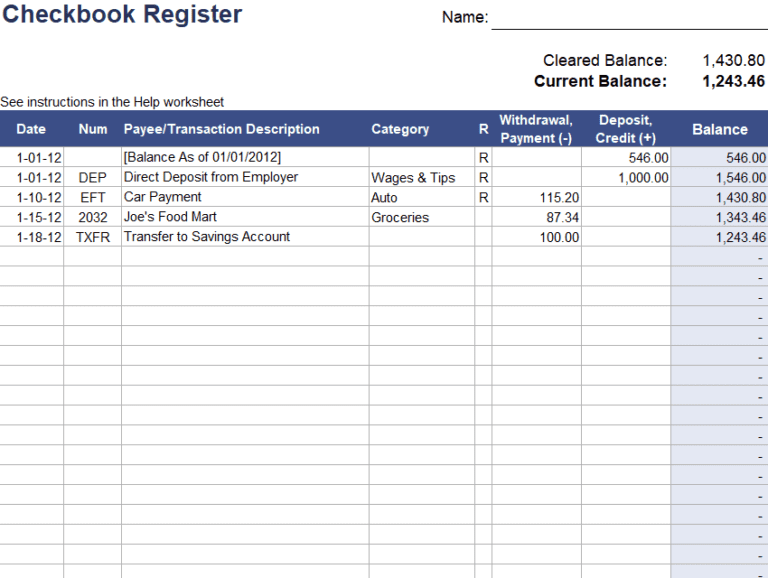 Checkbook Register Checkbook Register Excel Spreadsheet Templates