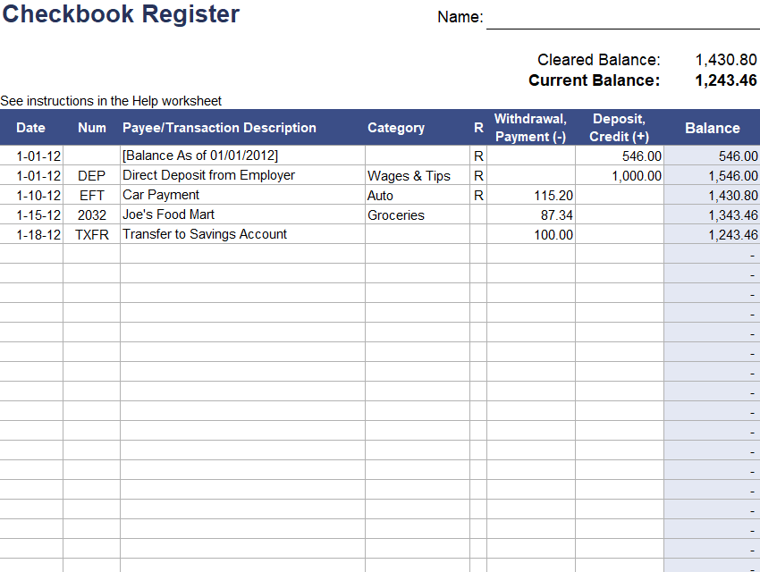 check book register in excel sheet