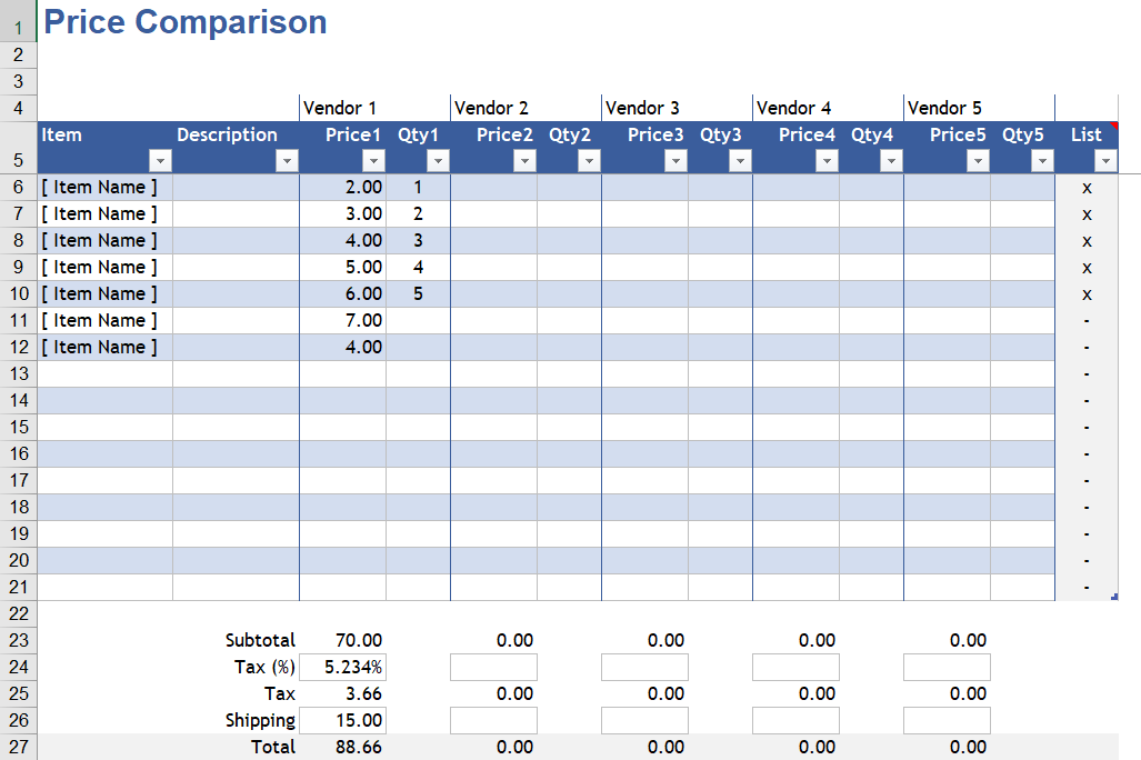 Rate Comparison Excel template