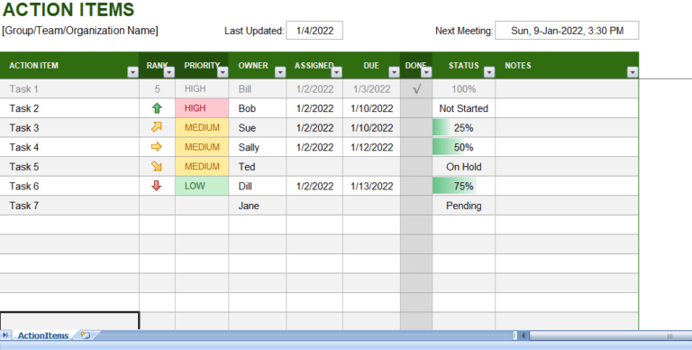 Action items excel template