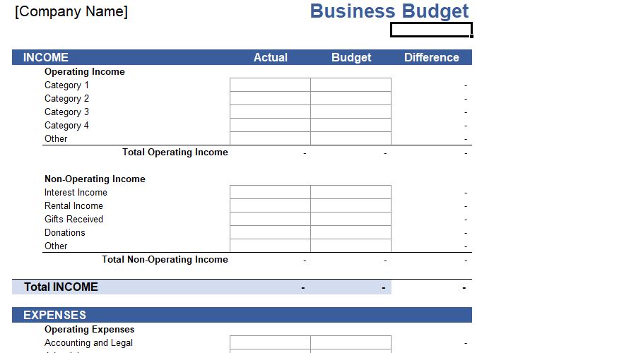 Business Budget excel template