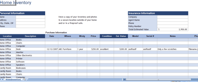 Home Inventory Excel Template For Free