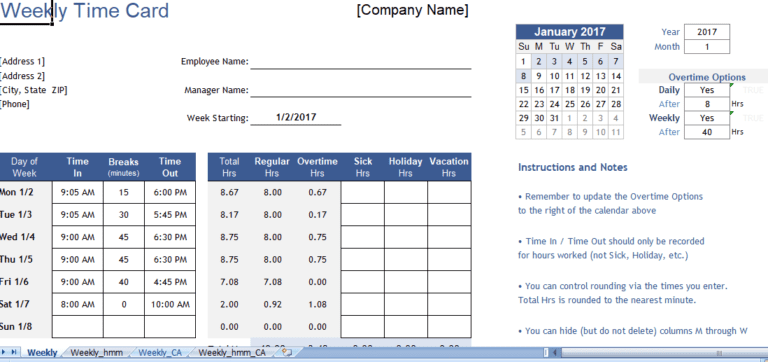 Time card calculator excel template for free