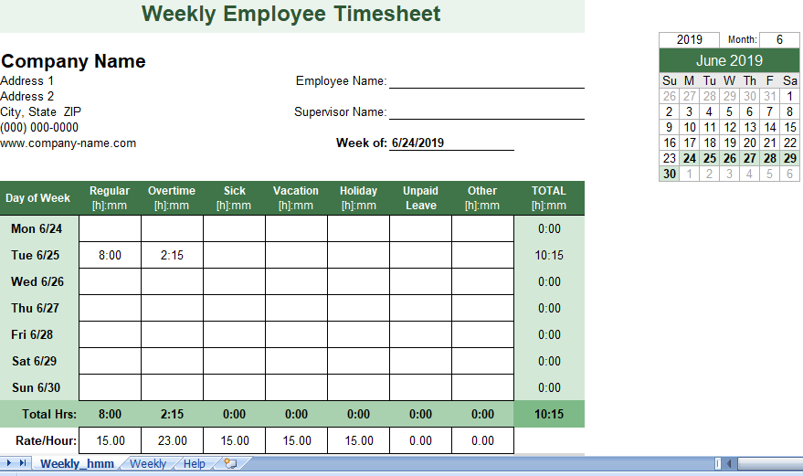 Weekly employee timesheet