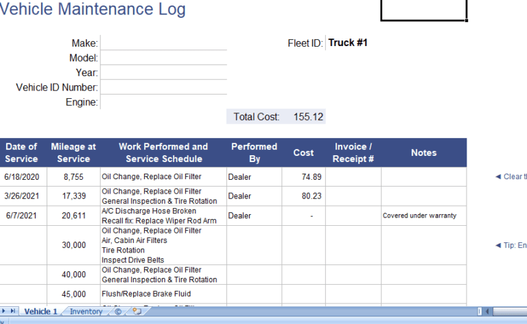 Vehicle Maintenance Log download excel template for free