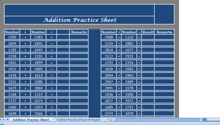 Addition Practice Sheet excel template for free