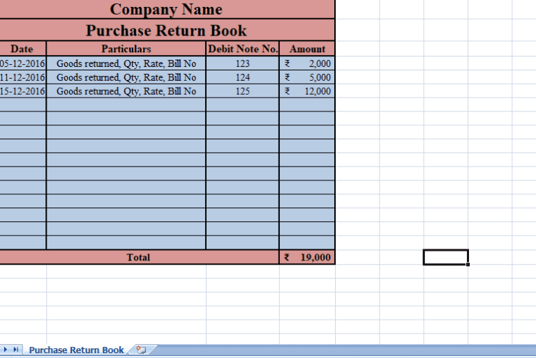 Purchase Return Book Excel Template For Free