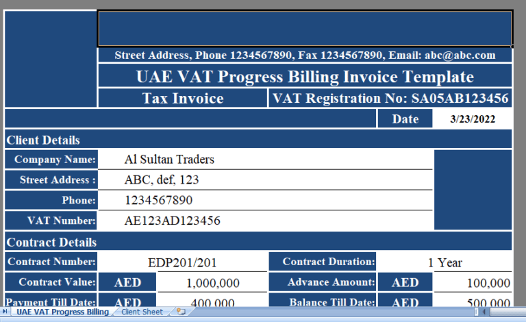 Uae Vat Progress Billing Excel Template For Free