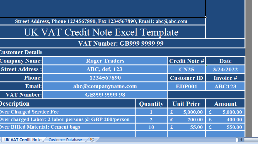 UK VAT Credit Note Excel Template