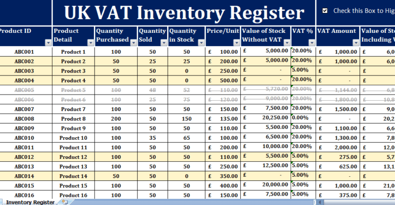 UK VAT Inventory Register excel template for free.