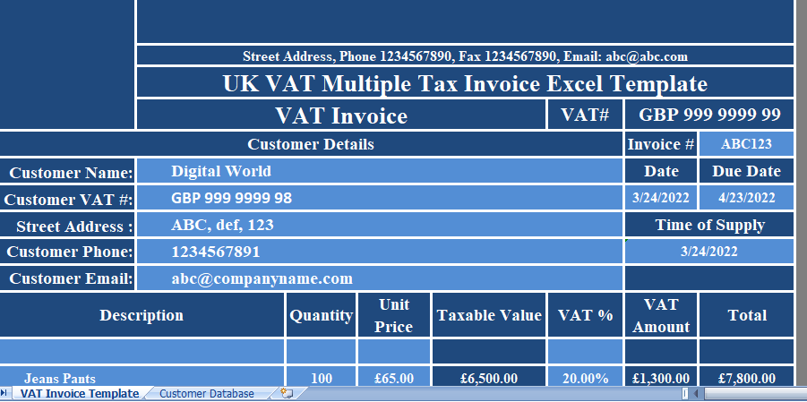 UK VAT Multiple Tax Invoice Template