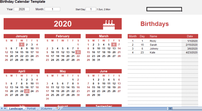 Birthday Calendar Excel Template For Free