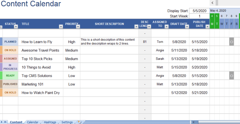 Content Calendar excel template for free