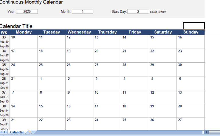 Continuous Monthly Calendar Excel Template For Free 9364