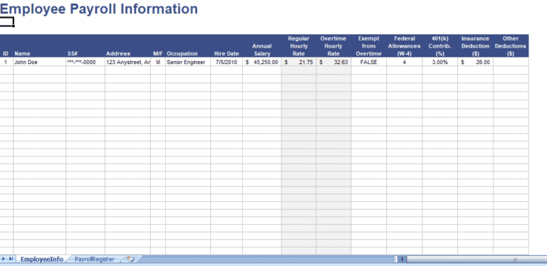 Employee Payroll Register excel template for free