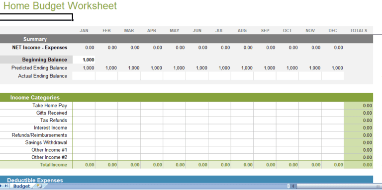 Home Budget Worksheet excel template for free