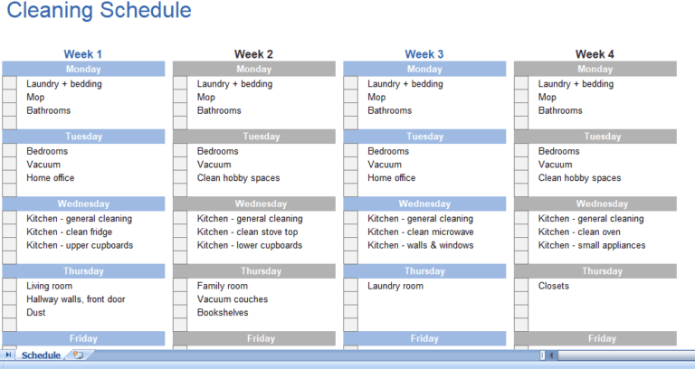 House Cleaning Schedule Download excel template for free