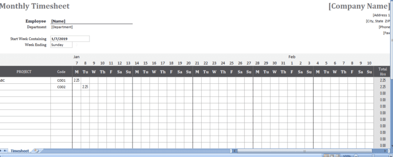 Monthly Timesheet excel template for free