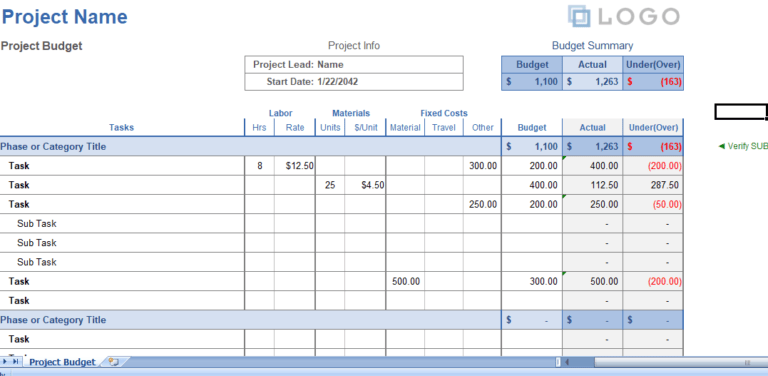 Project Budgeting excel template for free