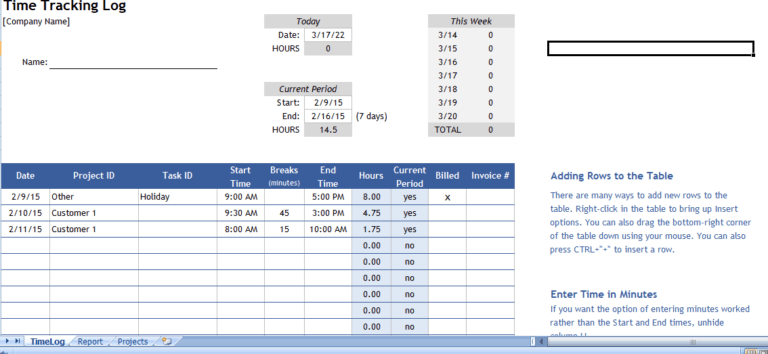 Time Tracking excel template for free