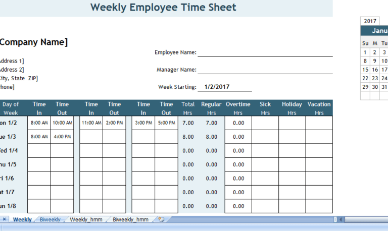 Timesheet with 2 breaks excel template for free