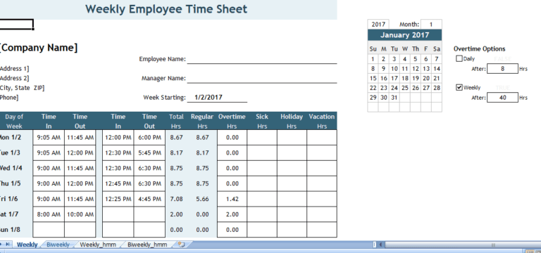 Timesheet with breaks excel template for free