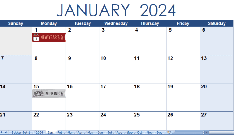 2024 calendar with stickers Excel Templates