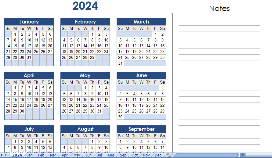 2024 Calendar excel template for free