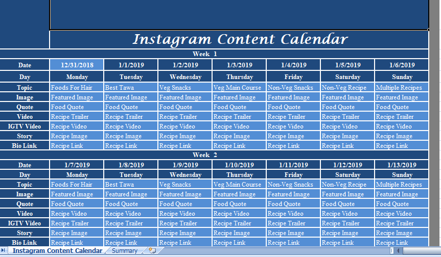 Instagram Content Calendar Excel Template For Free