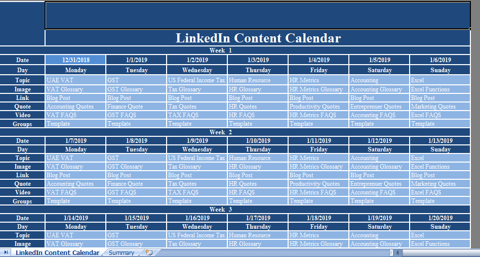 Linkedin Content Calendar Template