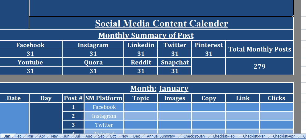 Social Media Content Calendar Excel Template