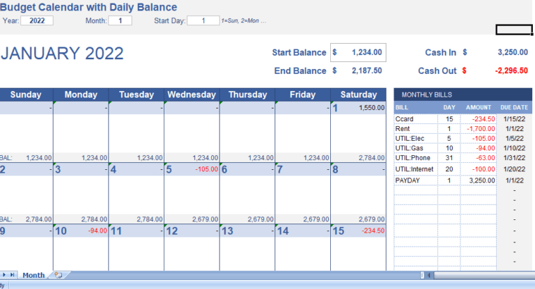 Budget Calendar Daily excel template for free