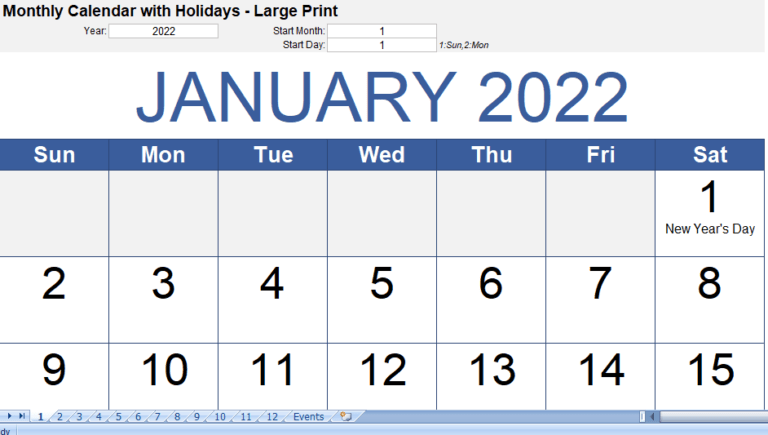 Monthly Calendar Large Print excel template for free