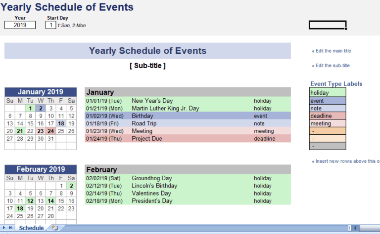 Yearly schedule of events Excel Templates