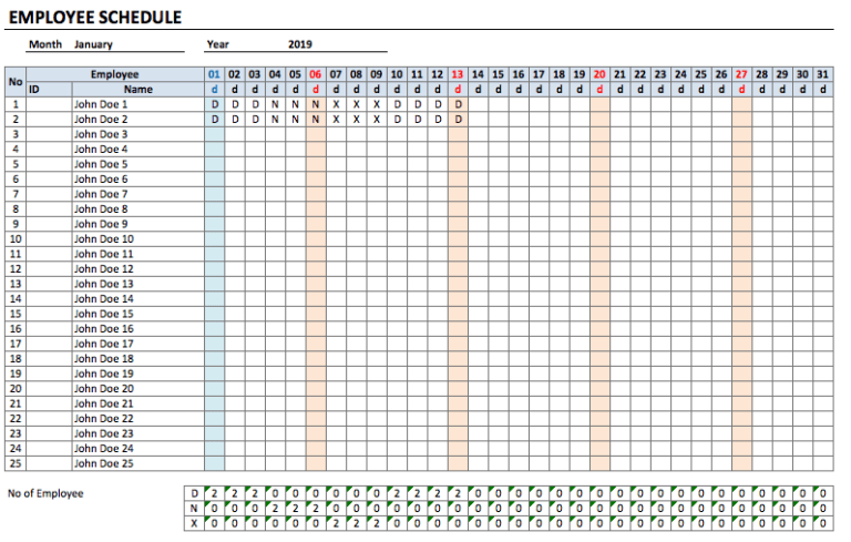Employee Schedule excel template for free