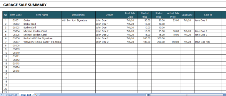 Garage Sale Inventory List and Sale Tracker excel template for free