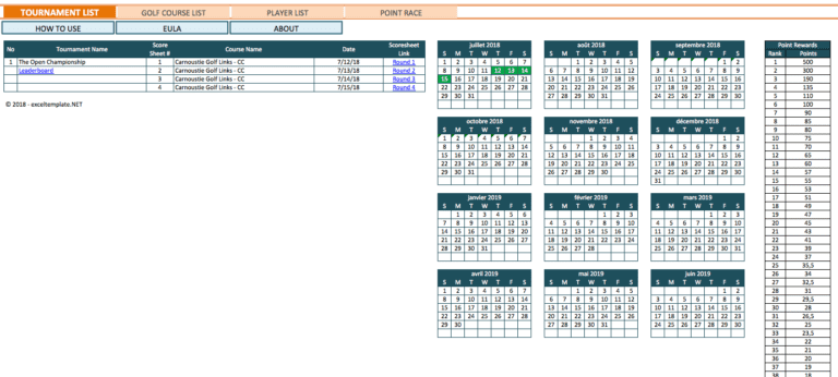 Golf Tournament Manager and Tracker excel template for free