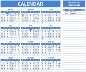 Holiday and Observance Calendar excel template for free