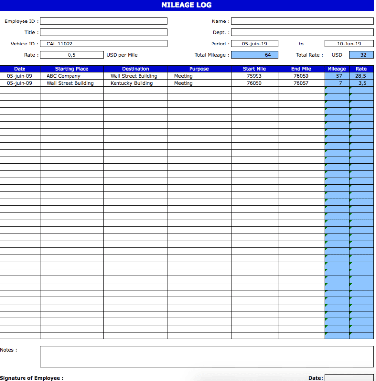 Mileage Log excel template for free