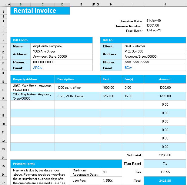 Rental Invoice Example Excel templates