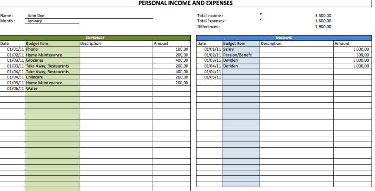 Simple Personal Budget excel template for free