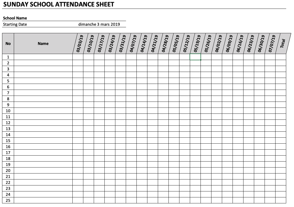 Sunday School Attendance Sheet Landscape Dates Excel Templates