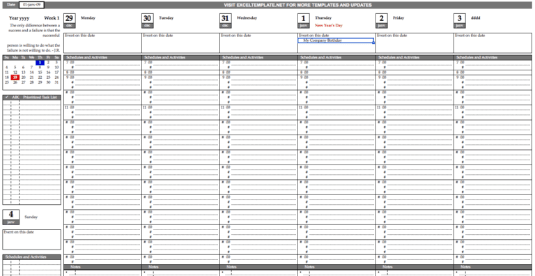 Weekly Planner excel template for free