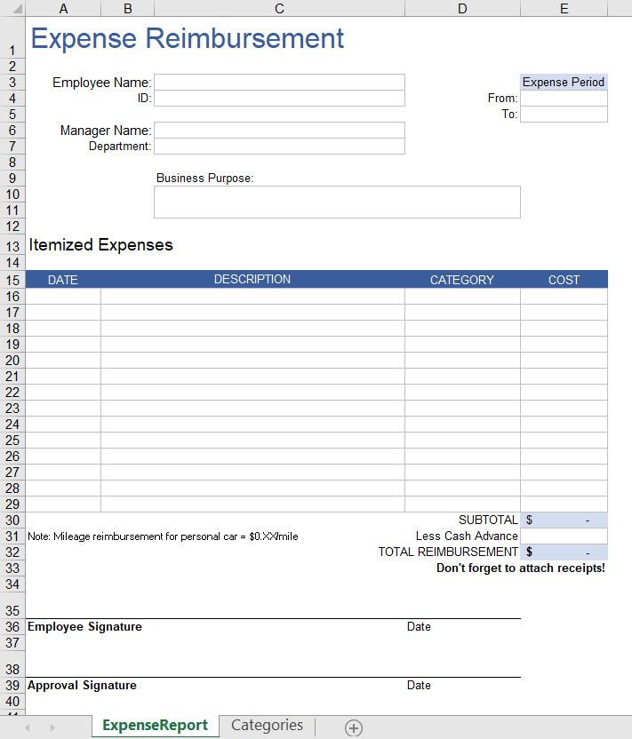 Expense Reimbursement sheet