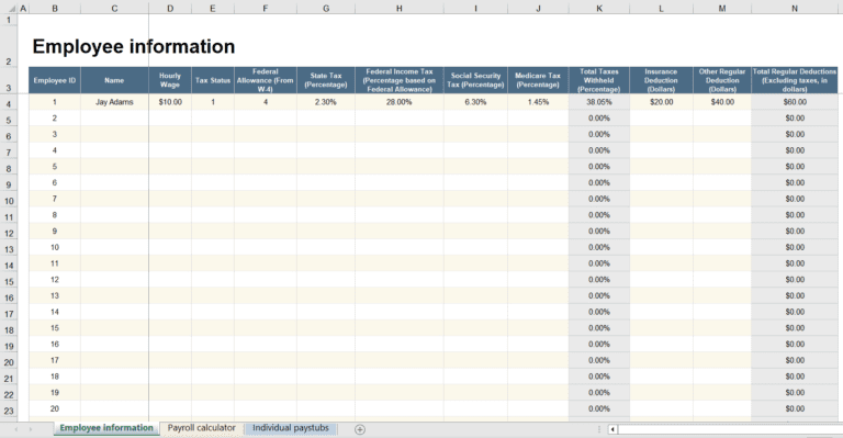 Calculate Employee wise Paycheck with Payroll Calculator in Excel