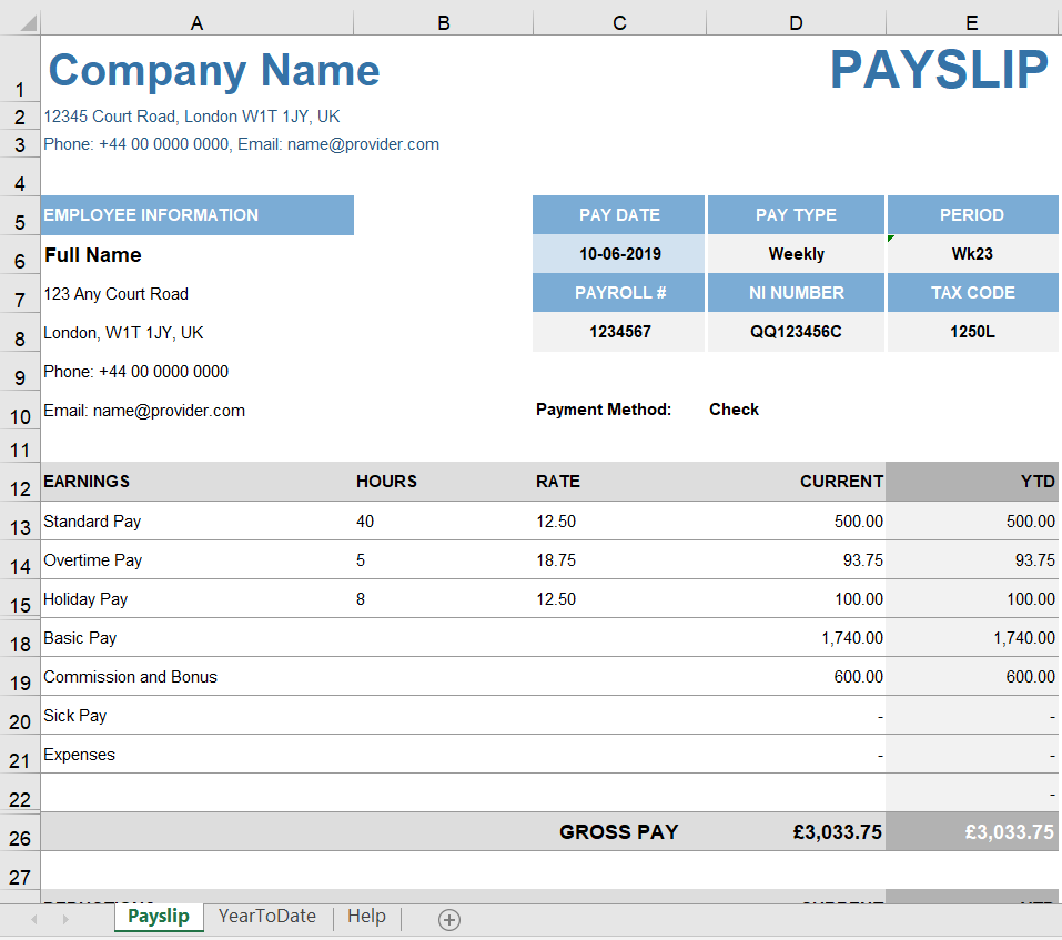 salary slip format in excel