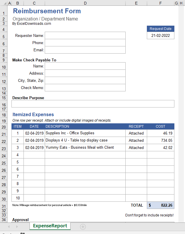 Download Reimbursement Form in excel sheet with Receipts